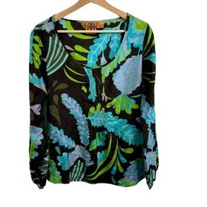 Tory Burch Shirt Blouse floral Printed Sz 8 crew neck blue Long sleeve 100% Silk